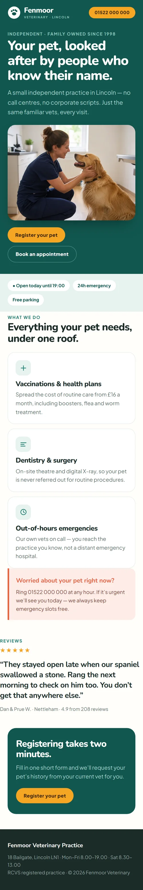 Concept homepage for an independent veterinary practice, shown on mobile — warm teal design with registration and emergency details